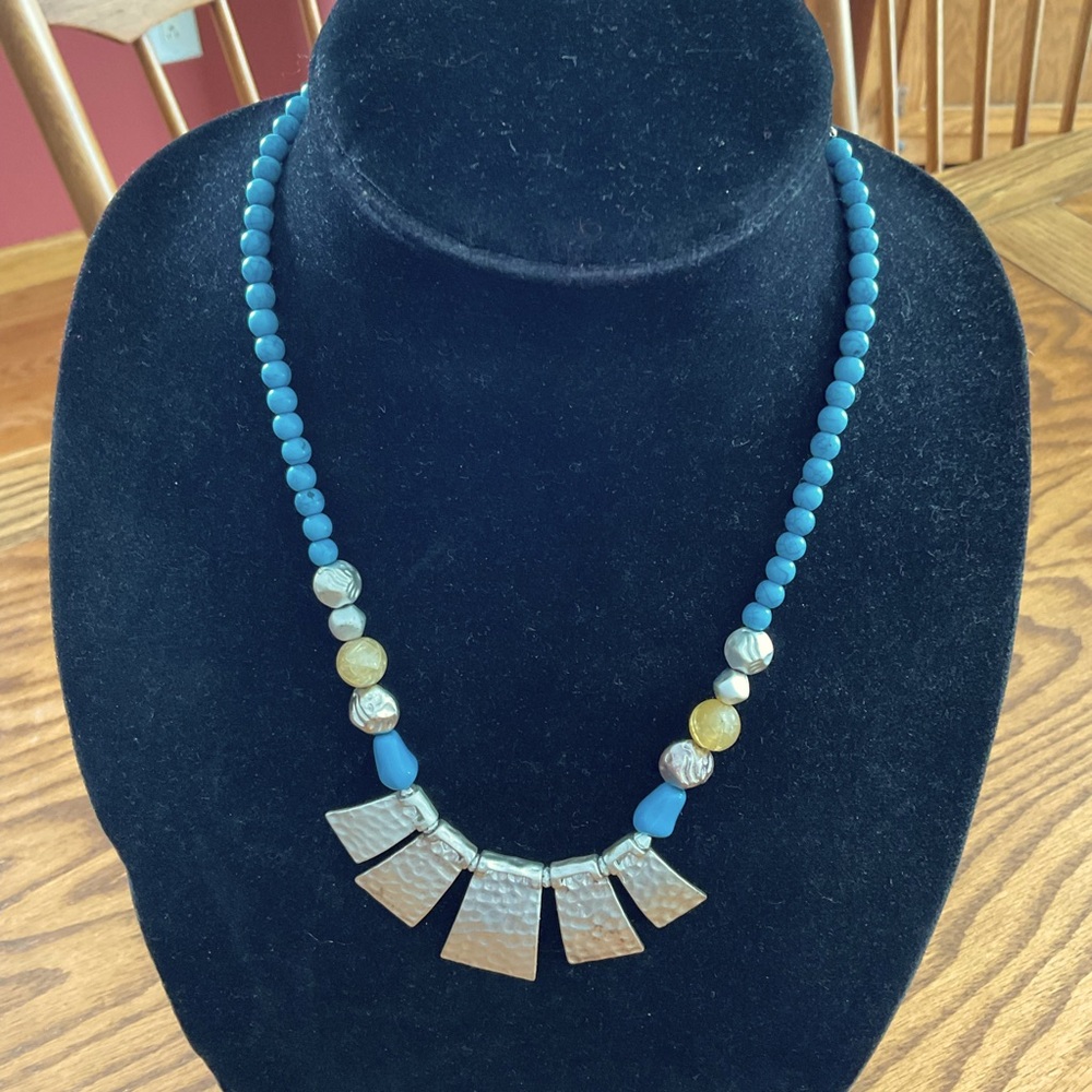 Turquoise Beads, Stamped Silver 10.5” Necklace